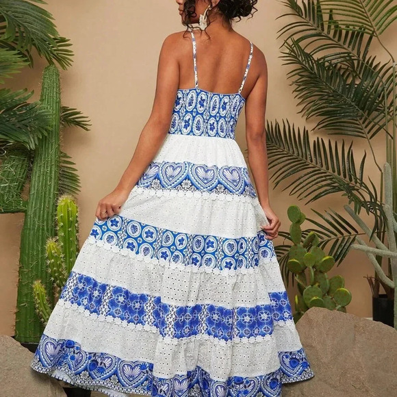 Blue and White Boho Women's Holiday Printed Fabric Splice Embroidered Dress - Picture 2 of 6
